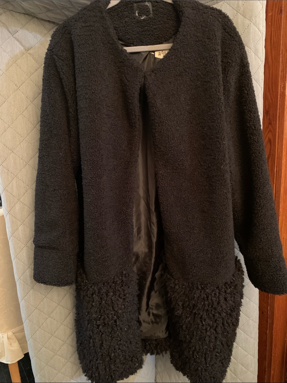 #98 Zara Dark Black Teddy Bouclé Coat with Textured Hem
